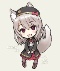 Rule 34 | 1girl, :d, animal ear fluff, animal ears, bad id, bad pixiv id, beret, black hat, black jacket, black skirt, boots, bow, brown footwear, brown pantyhose, capriccio, chibi, commentary request, copyright request, cross-laced footwear, dated, full body, grey background, grey hair, hair between eyes, hat, hat bow, head tilt, high-waist skirt, indie virtual youtuber, jacket, lace-up boots, long hair, long sleeves, looking at viewer, open mouth, pantyhose, purple eyes, red bow, shirt, signature, simple background, skirt, smile, solo, standing, tail, tail raised, teeth, upper teeth only, virtual youtuber, white shirt