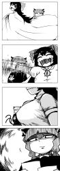 Rule 34 | 2girls, 4koma, ^ ^, animal ears, annoyed, arm cannon, bow, braid, breasts, cape, cat ears, closed eyes, comic, darkness, fangs, flapping, greyscale, hair bow, heterochromia, highres, jitome, kaenbyou rin, large breasts, long hair, looking at viewer, looking down, monochrome, multiple girls, multiple tails, nicetack, open mouth, photo (object), photobomb, reiuji utsuho, shaded face, sharp teeth, shirt, smile, tail, teeth, third eye, touhou, twin braids, two tails, v, waving, weapon
