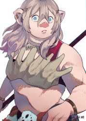 Rule 34 | 1girl, :/, absurdres, belly, breasts, commentary, cowboy shot, dungeon meshi, floating hair, hanaichi (hana13), highres, holding, holding polearm, holding weapon, leed (dungeon meshi), long hair, looking to the side, medium breasts, midriff, monster girl, orc, plump, pointy ears, polearm, snout, solo, tareme, tribal, weapon, white fur, white hair, wide-eyed