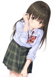 Rule 34 | 1girl, absurdres, blush, bow, brown eyes, brown hair, buttons, closed mouth, fingernails, tucking hair, hand up, highres, leaning forward, lips, long hair, looking to the side, original, scan, shirt, simple background, skirt, sleeves rolled up, solo, unasaka ryou, white background