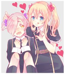 Rule 34 | 10s, 2boys, :q, alternate hairstyle, bad id, bad pixiv id, blonde hair, blue eyes, bow, gokotai, gomapoyo, hair bow, hair over one eye, heart, midare toushirou, multiple boys, open mouth, simple background, tongue, tongue out, touken ranbu, trap, twintails, wavy mouth, white hair, yellow eyes
