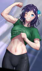 Rule 34 | 1girl, abs, aiba uiha, black pants, blue bow, blue eyes, blue flower, blue hair, blue rose, bow, braid, braided bangs, breasts, clothes lift, commentary request, flexing, flower, french braid, green shirt, grin, hair bow, hair flower, hair ornament, highres, ike (pixiv87705047), lifted by self, looking at viewer, medium breasts, medium hair, mole, mole under eye, muscular, muscular female, navel, nijisanji, no bra, one eye closed, pants, rose, shirt, shirt lift, short sleeves, smile, solo, stomach, sweat, t-shirt, toned, virtual youtuber, yoga pants