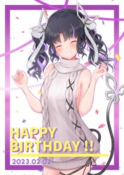 Rule 34 | 1girl, absurdres, aran sweater, black hair, black ribbon, blush, breasts, cable knit, closed eyes, commentary request, confetti, cowboy shot, dated, demon girl, demon horns, demon tail, dress, grey sweater, grin, happy birthday, highres, horns, kojo anna, kojo anna (3rd costume), leg ribbon, long hair, medium breasts, meme attire, multicolored hair, nanashi inc., official alternate costume, pointy ears, purple hair, ribbed sweater, ribbon, robou no stone, sideboob, smile, solo, sweater, sweater dress, tail, turtleneck, turtleneck sweater, twintails, two-tone hair, virgin killer sweater, virtual youtuber