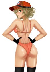 Rule 34 | 1girl, ass, bare shoulders, bikini, blonde hair, breasts, cidney aurum, final fantasy, final fantasy xv, from behind, gloves, green eyes, hat, highres, large breasts, looking at viewer, looking back, parted lips, sacro kies, shiny skin, short hair, sideboob, smile, solo, swimsuit, thighhighs