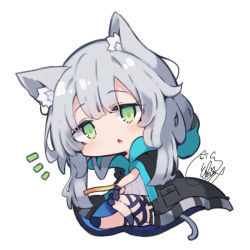 Rule 34 | 1girl, :o, animal ears, arknights, beni shake, black jacket, blue gloves, cat ears, cat girl, cat tail, chibi, fang, full body, gloves, green eyes, grey hair, jacket, jacket on shoulders, long hair, looking at viewer, notice lines, rosmontis (arknights), shirt, simple background, skin fang, solo, tail, white background, white shirt