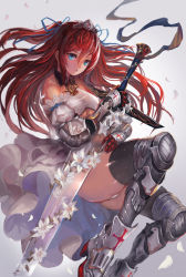 Rule 34 | 1girl, armor, ass, bare shoulders, blue eyes, breasts, detached sleeves, flower, gauntlets, gloves, hair ribbon, large breasts, long hair, armored boots, metal gloves, nigoro, original, panties, pantyshot, red hair, ribbon, solo, sword, thighhighs, tiara, two side up, underboob, underwear, upskirt, weapon, white gloves, white panties