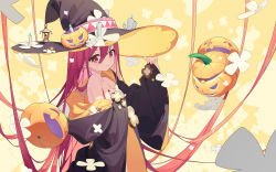 Rule 34 | 1girl, absurdres, aiee, bare shoulders, black hat, black robe, blue fire, blush, candle, checkerboard cookie, closed mouth, commentary request, cookie, fire, food, hair between eyes, hands up, hat, highres, jack-o&#039;-lantern, lantern, long hair, long sleeves, looking at viewer, nail polish, off shoulder, pinching sleeves, red eyes, red hair, red nails, robe, shakugan no shana, shana, sleeves past wrists, solo, very long hair, wide sleeves, witch hat, yellow background