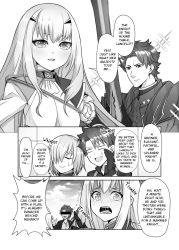 Rule 34 | 2boys, 2girls, armor, blush, breasts, cape, closed eyes, comic, dress, english text, melusine (fate), fate/grand order, fate (series), flower, fujimaru ritsuka (male), gloves, hair over one eye, highres, hirakawa, lancelot (fate/grand order), long hair, long sleeves, looking at viewer, mash kyrielight, multiple boys, multiple girls, open clothes, open mouth, open shirt, pointing, shirt, short hair, sidelocks, small breasts, sword, tears, trembling, weapon