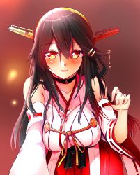 Rule 34 | 10s, 1girl, bare shoulders, black hair, blush, breasts, choker, collarbone, detached sleeves, feeding, hair between eyes, hair ornament, hairband, hairclip, hakama, hakama short skirt, hakama skirt, haruna (kancolle), headgear, highres, incoming food, japanese clothes, jewelry, kantai collection, large breasts, leaning forward, long hair, looking at viewer, nontraditional miko, nose blush, orange eyes, parted lips, ribbon-trimmed sleeves, ribbon trim, ring, skirt, smile, solo, tsukui kachou, valentine, wedding band, wide sleeves