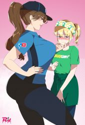 Rule 34 | 2girls, blonde hair, brown hair, collared shirt, domino&#039;s pizza, employee uniform, grabbing another&#039;s chin, hairband, hand on another&#039;s chin, highres, long hair, looking away, multiple girls, pants, ponytail, r3dfive, shirt, short hair, smile, striped, subway (company), t-shirt, uniform