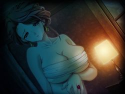 Rule 34 | 1girl, blue eyes, breasts, brown hair, cleavage, game cg, hell guide, indoors, m no violet, solo