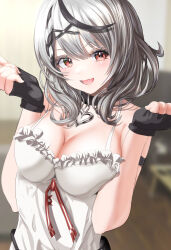 Rule 34 | 1girl, absurdres, bare shoulders, breasts, cleavage, fingerless gloves, gloves, grey hair, highres, hololive, looking at viewer, multicolored hair, open mouth, red eyes, sakamata chloe, solo, streaked hair, virtual youtuber, wakaunderblade7