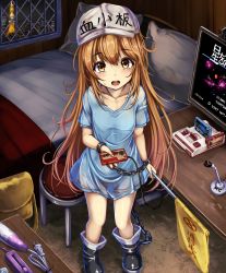 Rule 34 | 1girl, bag, baseball cap, bdsm, bed, bedroom, black footwear, blue shirt, boots, brown eyes, brown hair, brown shorts, chain, collarbone, commentary request, controller, cuffs, flag, flat cap, full body, game console, game controller, hair between eyes, hat, hataraku saibou, highres, hitachi magic wand, holding, holding flag, long hair, looking at viewer, messy hair, microphone, monikano, night, open mouth, oversized clothes, oversized shirt, pillow, platelet (hataraku saibou), satchel, see-through, sex toy, shirt, short shorts, short sleeves, shorts, solo, stool, t-shirt, table, television, tokyo tower, vibrator, webcam, white hat, window