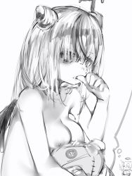 Rule 34 | 1girl, bad id, bad pixiv id, bags under eyes, biting, breasts, chibi, copyright request, double bun, facial mark, greyscale, hair bun, highres, imagining, looking at viewer, medium breasts, medium hair, monochrome, nail biting, nanashi (nlo), nude, simple background, solo, virtual youtuber, white background