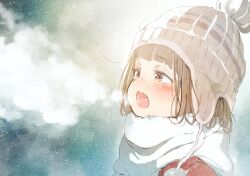 Rule 34 | 1girl, beanie, blunt bangs, breath, brown eyes, brown hair, commentary, enpera, gomennasai, hat, highres, open mouth, original, outdoors, scarf, snowing, solo, upper body, white scarf, winter clothes