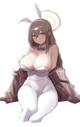 Rule 34 | 1girl, absurdres, akane (blue archive), akane (bunny) (blue archive), animal ears, armpit crease, artist name, bare shoulders, blue archive, bow, bowtie, breasts, brown eyes, brown scarf, cleavage, collar, collarbone, cropped legs, dated, detached collar, fake animal ears, glasses, green bow, green bowtie, hair between eyes, halo, highres, invisible chair, large breasts, leotard, light brown hair, long hair, looking at viewer, official alternate costume, pantyhose, parted lips, plaid, plaid scarf, playboy bunny, rabbit ears, scarf, sidelocks, simple background, sitting, smile, solo, sukaliya, white collar, white pantyhose, wing collar