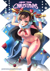 Rule 34 | 1girl, antlers, artist name, bare shoulders, bell, body writing, boots, bow, breasts, brown eyes, brown hair, choker, christmas, christmas ornaments, cleavage, cowboy shot, d.va (overwatch), deer tail, eyelashes, facepaint, facial mark, fang, fur-lined gloves, fur-trimmed boots, fur boots, fur trim, gloves, hair bow, hands up, headphones, highres, hm (hmongt), horns, jingle bell, knee boots, large breasts, legs together, long hair, looking at viewer, matching hair/eyes, mecha, meka (overwatch), navel, neck bell, no nipples, open mouth, overwatch, overwatch 1, panties, patreon, patreon username, pink lips, red bow, red footwear, red gloves, red panties, reindeer antlers, robot, side-tie panties, sitting, snowflakes, snowing, solo, stomach, tail, teeth, tongue, underwear, watermark, web address, whisker markings