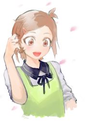 Rule 34 | 10s, 1boy, :d, adjusting hair, apron, blush, brown eyes, brown hair, hair ornament, hairclip, houchou toushirou, kuuuukai, looking down, male focus, matching hair/eyes, open mouth, petals, signature, simple background, sleeves pushed up, smile, solo, touken ranbu, upper body