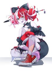 Rule 34 | 1girl, absurdres, ahoge, alternate footwear, bandages, black dress, bow, converse, diamond-shaped pupils, diamond (shape), dress, hair bow, hetero, high tops, highres, hololive, hololive indonesia, kureiji ollie, looking at viewer, rd (ardeee), red footwear, shoes, smile, sneakers, solo, stitched arm, stitched face, stitched leg, stitched torso, stitches, sword, symbol-shaped pupils, torn clothes, torn dress, virtual youtuber, weapon, white background, zombie