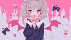 Rule 34 | 1girl, black jacket, blush, candy, covered mouth, demon wings, food, fruit, grey hair, heart, heart-shaped lollipop, highres, jacket, karunabaru, lollipop, looking at viewer, makaino ririmu, nijisanji, pink eyes, pink ribbon, pink wings, pointy ears, ribbon, shaped lollipop, strawberry, upper body, virtual youtuber, wings, wrapped candy, xbox controller