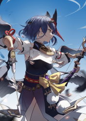Rule 34 | 1girl, absurdres, arrow (projectile), bird wings, black gloves, black hair, blue sky, bow (weapon), breasts, crossbow, genshin impact, gloves, highres, holding, holding weapon, kujou sara, lanyed (949455243), looking to the side, mask, mask on head, short hair, sky, smile, solo, tengu mask, vambraces, vision (genshin impact), weapon, wings, yellow eyes