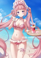 Rule 34 | 1girl, bare arms, bare shoulders, bikini, blue sky, blush, bonnet, breasts, cleavage, closed mouth, cloud, collarbone, commentary request, commission, cup, day, drinking glass, drinking straw, flower, hair rings, highres, holding, holding tray, horizon, long hair, medium breasts, nyanya, ocean, original, outdoors, pink bikini, pink hair, polka dot, polka dot bikini, purple eyes, skeb commission, sky, smile, solo, swimsuit, tray, twintails, very long hair, water, white flower, white headwear