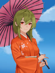 Rule 34 | 1girl, absurdres, ahoge, blue sky, closed mouth, cloud, commission, eyelashes, fl-chan, fl studio, floral print, green hair, hair between eyes, highres, holding, holding umbrella, japanese clothes, jonbur man, kimono, looking at viewer, medium hair, orange kimono, pixiv commission, red eyes, sidelocks, sky, smile, solo, umbrella, upper body, wide sleeves