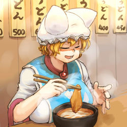 Rule 34 | 1girl, animal hat, bad id, bad tumblr id, blonde hair, blush, breast rest, breasts, breasts on table, chanta (ayatakaoisii), chopsticks, closed eyes, commentary, dress, eating, extra ears, food, hat, indoors, large breasts, long sleeves, mob cap, nose blush, open mouth, mob cap, short hair, sitting, solo, steam, tabard, table, teeth, tofu, tongue, touhou, translated, white dress, yakumo ran