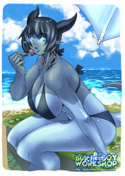 Rule 34 | 1girl, beach, bikini, blue hair, blue skin, breasts, butcherboy, candy, cleavage, colored skin, day, draenei, food, glowing, glowing eyes, horns, huge breasts, lollipop, mole, mole under eye, monster girl, ocean, outdoors, pointy ears, short hair, sitting, solo, swimsuit, tail, warcraft, world of warcraft