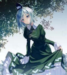 Rule 34 | 1girl, black hat, chokie, closed mouth, commentary request, cross-laced clothes, dress, frilled dress, frills, gradient background, green dress, green eyes, green hair, hat, juliet sleeves, leaf, long sleeves, looking at viewer, ofuda, ofuda on clothes, puffy sleeves, soga no tojiko, solo, tate eboshi, touhou