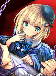 Rule 34 | 1boy, 1girl, aged down, black hair, black headwear, blonde hair, blue bow, blue dress, bow, chain, commentary request, dress, fate (series), green eyes, hat, highres, kumakou, long hair, looking at another, lord el-melloi ii case files, red background, reines el-melloi archisorte, shirt, short hair, smile, solo focus, white shirt