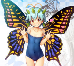 Rule 34 | 1girl, antennae, bare arms, bare shoulders, blue hair, blue one-piece swimsuit, breasts, butterfly wings, cameltoe, chima q, collarbone, commentary request, covered navel, cowboy shot, eternity larva, fairy, gluteal fold, heart, highres, insect wings, leaf, leaf on head, light blue hair, looking at viewer, one-piece swimsuit, school swimsuit, short hair, small breasts, smile, solo, swimsuit, thigh gap, touhou, wings