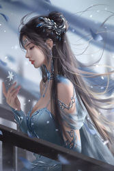 Rule 34 | bad link, beads, blue dress, detached sleeves, doupo cangqiong, dress, earrings, hair bun, hair ornament, highres, huahua de lao fei, jewelry, long hair, looking down, necklace, second-party source, snow, snowflakes, squinting, strapless, strapless dress, yun yun (doupo cangqiong)