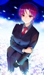 Rule 34 | 1girl, bazett fraga mcremitz, black gloves, black pants, black suit, blush, breasts, collared shirt, doushimasho, dress shirt, earrings, fate/grand order, fate/hollow ataraxia, fate (series), field, flower, flower field, formal, gloves, jewelry, large breasts, long sleeves, looking at viewer, mole, mole under eye, necktie, official art, pants, parted bangs, petals, purple hair, red eyes, red necktie, shirt, short hair, single glove, solo, suit, white shirt