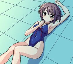 Rule 34 | 1girl, arm up, armpits, blue one-piece swimsuit, closed mouth, collarbone, commentary request, covered erect nipples, covered navel, expressionless, gussuripii, highres, looking at viewer, lying, nagato yuki, on back, one-piece swimsuit, purple hair, short hair, solo, suzumiya haruhi no yuuutsu, swimsuit, tile floor, tiles, yellow eyes