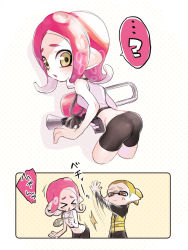 Rule 34 | &gt; &lt;, 1boy, 1girl, anger vein, arm up, ass, ass smack, bare arms, bare shoulders, bike shorts, blonde hair, brown eyes, closed eyes, closed mouth, furrowed brow, highres, inkling, inkling boy, inkling player character, long sleeves, medallion, medium hair, miyashiro, motion lines, nintendo, octoling, octoling girl, octoling player character, octoshot (splatoon), pink hair, slapping, sleeveless, spanking, splatoon (series), splatoon 2, splatoon 2: octo expansion, squidbeak splatoon, suction cups, tentacle hair, vest, yellow eyes, yellow vest