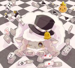 Rule 34 | animal focus, black sclera, candy, candy cane, card, checkered background, checkered floor, colored sclera, creatures (company), food, game freak, gen 3 pokemon, gen 8 pokemon, hanabusaoekaki, hat, hat bell, nintendo, no humans, one eye closed, pikachu print, playing card, pokemon, pokemon (creature), sheep, top hat, torchic, white eyes, wool, wooloo