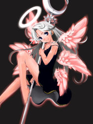 Rule 34 | 1girl, angel wings, bare arms, bare legs, bare shoulders, barefoot, between legs, black dress, collarbone, dress, feathered wings, goichi, hair intakes, halo, head tilt, highres, holding, holding staff, horns, iseria queen, long hair, looking at viewer, multiple wings, pink wings, solo, staff, straight hair, strap slip, valkyrie profile (series), white eyes, white hair, wings