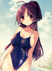 Rule 34 | 1girl, :o, ahoge, bare arms, bare shoulders, blue sky, blue one-piece swimsuit, blush, bow, breasts, brown hair, chain-link fence, cleavage, cloud, cloudy sky, collarbone, commentary request, covered navel, day, fence, groin, hair bow, head tilt, highres, large breasts, long hair, looking at viewer, new school swimsuit, one-piece swimsuit, one side up, original, outdoors, parted lips, pool, red bow, red eyes, school swimsuit, signature, sky, solo, swimsuit, very long hair, water, wet, wet clothes, wet swimsuit, yuzuki gao