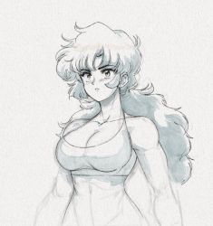 Rule 34 | 1girl, breasts, cleavage, david liu, greyscale, highres, large breasts, long hair, maria (space maria), monochrome, parted lips, simple background, sketch, solo, space maria, sports bra, upper body, white background