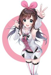 Rule 34 | 1girl, arm up, armpits, blue eyes, bow, bow hairband, bowtie, brown hair, buttons, collarbone, commentary request, detached sleeves, dot nose, hairband, hand up, highres, kizuna ai, kizuna ai inc., lace, lace-trimmed legwear, lace-trimmed sleeves, lace trim, long hair, looking at viewer, multicolored hair, navel, odo&amp;mino, open mouth, pink hair, sailor collar, shirt, shorts, signature, sleeveless, sleeveless shirt, sleeves past wrists, smile, solo, streaked hair, striped bow, striped bowtie, striped clothes, striped neckwear, striped thighhighs, teeth, thighhighs, upper teeth only, virtual youtuber, w
