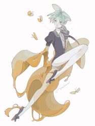 Rule 34 | 1other, androgynous, animal, artist name, black footwear, black necktie, bug, butterfly, from side, full body, gem uniform (houseki no kuni), glint, golden arms, green eyes, green hair, hair over one eye, highres, houseki no kuni, insect, knee up, looking at animal, looking away, looking to the side, minmim, molten metal, necktie, other focus, phosphophyllite, puffy short sleeves, puffy sleeves, running, shoes, short hair, short sleeves, simple background, smile, solo, spoilers, translucent hair, white background, yellow butterfly