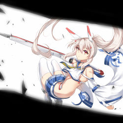Rule 34 | 1girl, ayanami (azur lane), azur lane, bandaid, bandaid on arm, blonde hair, breasts, detached sleeves, hair ornament, hairclip, highres, long hair, looking at viewer, pleated skirt, ponytail, red eyes, skirt, solo, sword, thighhighs, underboob, weapon, white background, white thighhighs, wide sleeves, xin (zinc)