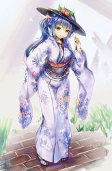 Rule 34 | 1girl, alternate costume, alternate hairstyle, artist name, black headwear, blue hair, commentary request, fii fii (feefeeowo), floral print, flower, food, fruit, full body, grey background, hair flower, hair ornament, hand on own hip, hand up, head tilt, highres, hinanawi tenshi, japanese clothes, kimono, leaf, long hair, looking at viewer, obi, peach, purple flower, red eyes, red sash, sandals, sash, side ponytail, signature, smile, socks, solo, standing, touhou, v, white kimono, white socks