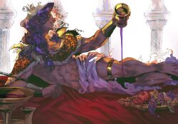 Rule 34 | 1boy, abs, alcohol, animal print, bracelet, capelet, chalice, chic l, closed eyes, column, cup, curly hair, dionysus (hades), drink, feet out of frame, food, food-themed hair ornament, fruit, fur-trimmed capelet, fur trim, grape hair ornament, grapes, hades (series), hair ornament, highres, holding, holding cup, jewelry, leaf, leaf hair ornament, leopard print, loincloth, long hair, low-tied long hair, lying, male focus, medium hair, on side, pillar, pomegranate, pouring, pouring onto self, purple hair, smile, solo, thighlet, tray, wine
