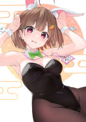 Rule 34 | 1girl, alternate costume, armpits, blush, breasts, brown hair, carrot hair ornament, cleavage, food-themed hair ornament, hair ornament, hairclip, harusaki nodoka, highres, hololive, id card, leotard, looking at viewer, medium breasts, medium hair, motoraku, new year, open mouth, pantyhose, playboy bunny, purple eyes, rabbit pose, simple background, solo, virtual youtuber, white background