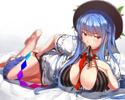 Rule 34 | 1girl, aged up, barefoot, between breasts, black bra, black hat, black panties, blue hair, blue skirt, blush, bra, breasts, breasts out, cleavage, clothes pull, frilled skirt, frills, hat, hinanawi tenshi, large breasts, long hair, looking at viewer, lying, mouth hold, neropaso, on side, panties, rainbow order, red eyes, shirt, sidelocks, skirt, skirt pull, solo, striped bra, striped clothes, touhou, underwear, vertical-striped bra, vertical-striped clothes, white shirt