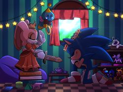 Rule 34 | 1girl, 2boys, artist name, blue fur, book, bow, bowtie, chao (sonic), closed eyes, cream the rabbit, crown, curtains, day, dress, flying, furry, furry female, furry male, gloves, head wreath, highres, kneeling, light, long dress, multiple boys, on one knee, open mouth, pointy nose, ring (sonic), room, shelf, short sleeves, signature, smile, sonic (series), sonic the hedgehog, spiked hair, star (symbol), sticker, stuffed toy, sword, teapot, tongue, toy, vanessasonica, weapon, wooden sword