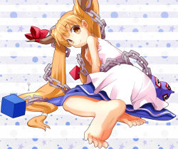 Rule 34 | 1girl, alternate hairstyle, bad id, bad pixiv id, bare arms, bare shoulders, barefoot, blonde hair, blouse, brown eyes, female focus, foreshortening, gourd, horn ornament, horn ribbon, horns, ibuki suika, long hair, looking at viewer, looking back, perspective, ribbon, salamander (hop-step), shirt, sitting, skirt, sleeveless, sleeveless shirt, smile, solo, touhou, very long hair, weights