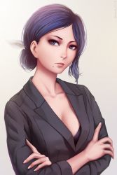 Rule 34 | 10s, 1girl, artist name, aura kiyoko, black bra, black suit, blue eyes, blue hair, bra, breasts, cleavage, closed mouth, crossed arms, fingernails, formal, gradient background, highres, lips, long sleeves, looking at viewer, matching hair/eyes, medium breasts, miura-n315, mole, mole under mouth, nail polish, nose, parted bangs, realistic, serious, short hair, simple background, solo, suit, tan background, tokyo ghoul, tokyo ghoul:re, twitter username, underwear, upper body, white nails